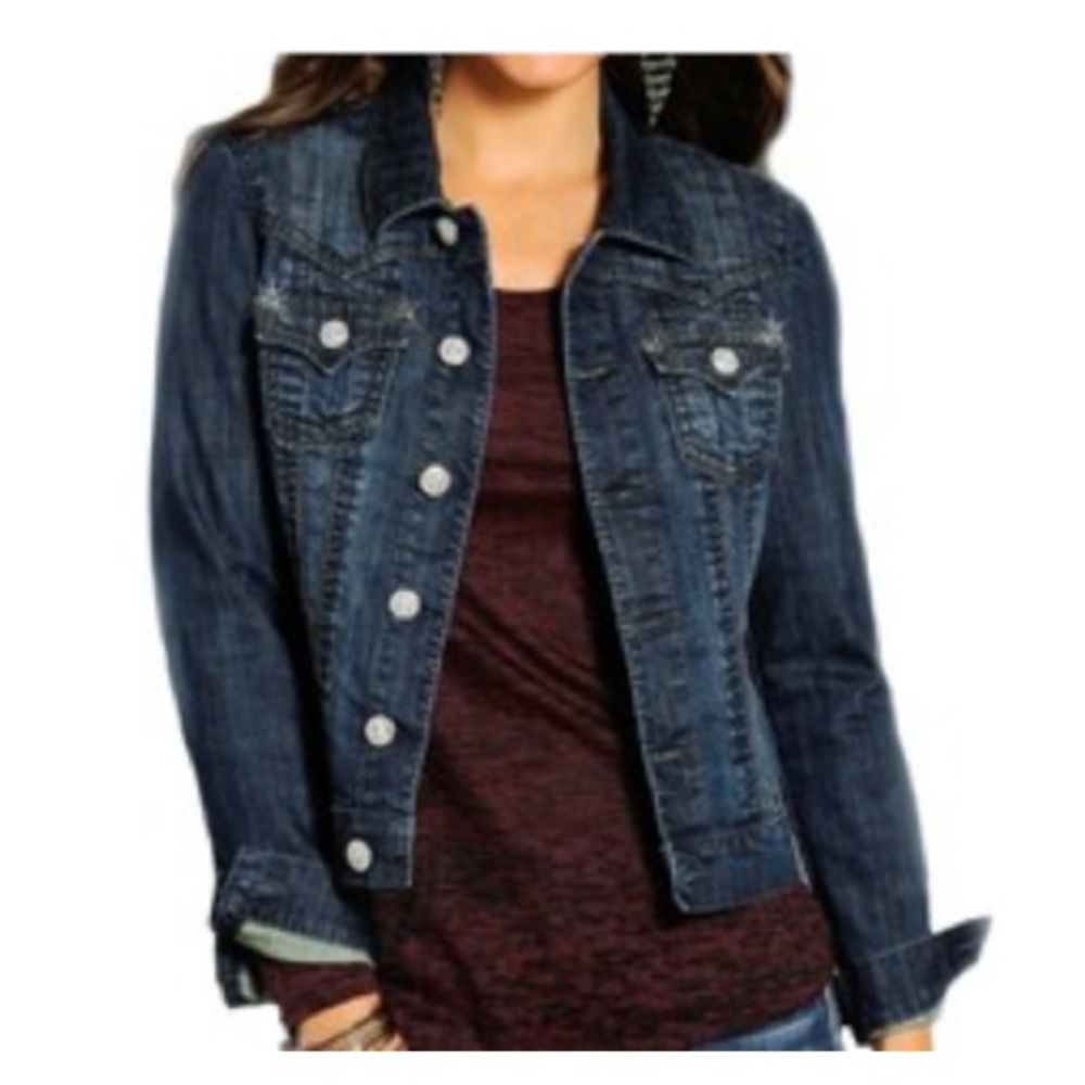 Rock Roll Cowgirl Rhinestone Rivet Jean‎ Jacket Size Large